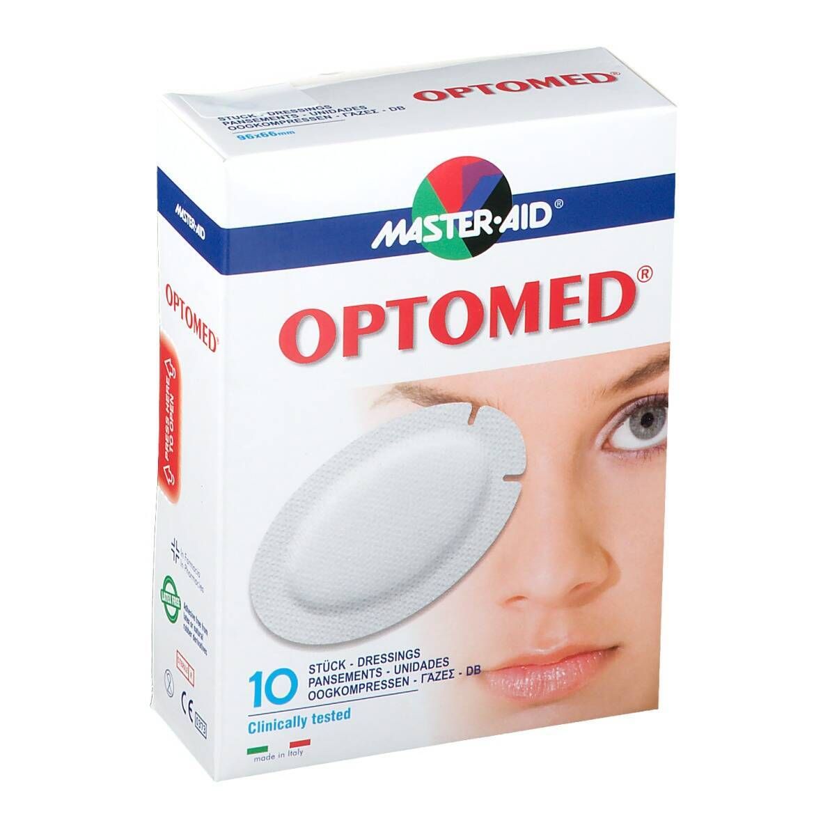 Verpakking met Optomed oogpads, 10 stuks. Merk Master-Aid. Een oogpad afgebeeld op een oog.