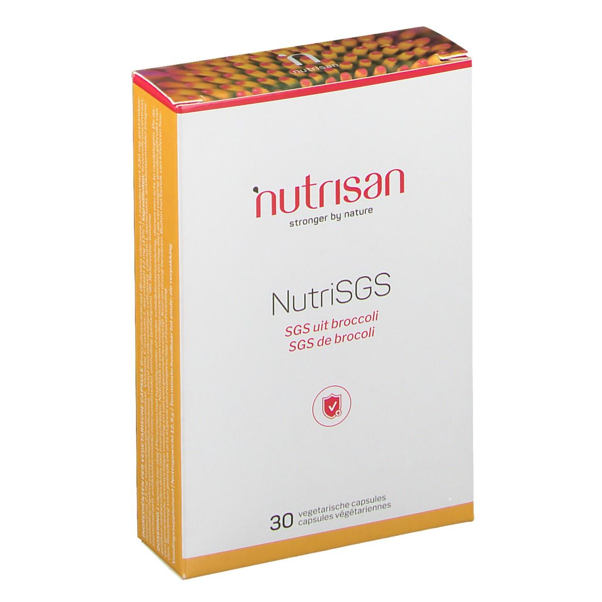 Boîte NutriSGS, SGS uit broccoli, SGS de broccoli. 30 capsules végétariennes. Marque nutrisan. Logo de protection. Texte en néerlandais.