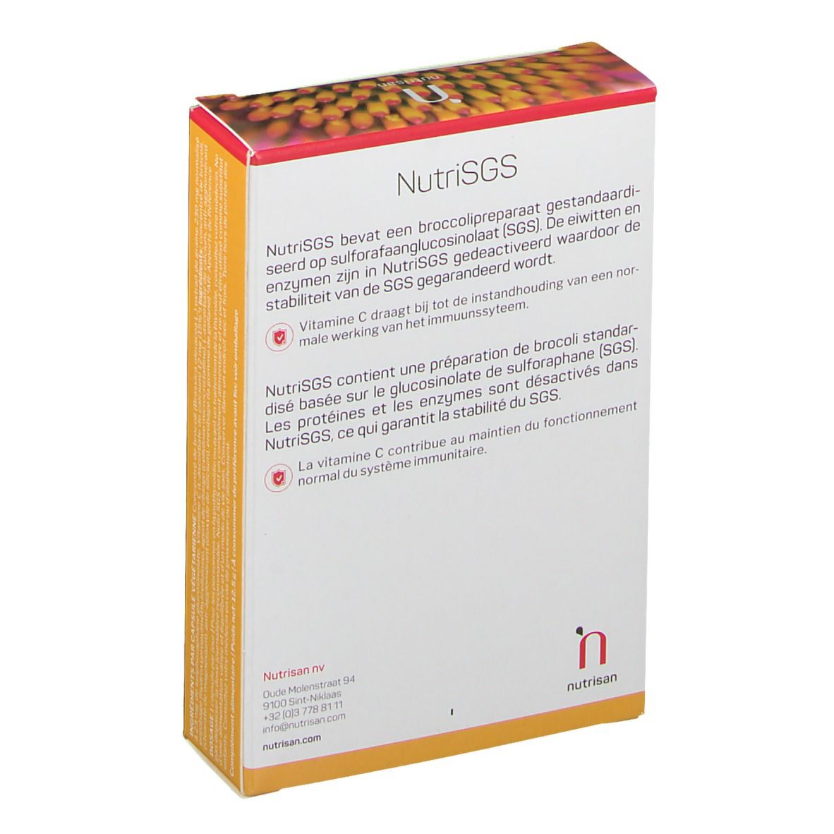 Dos de la boîte NutriSGS. Texte en néerlandais. Marque nutrisan. Logo. Contient des informations sur le produit et ses ingrédients.