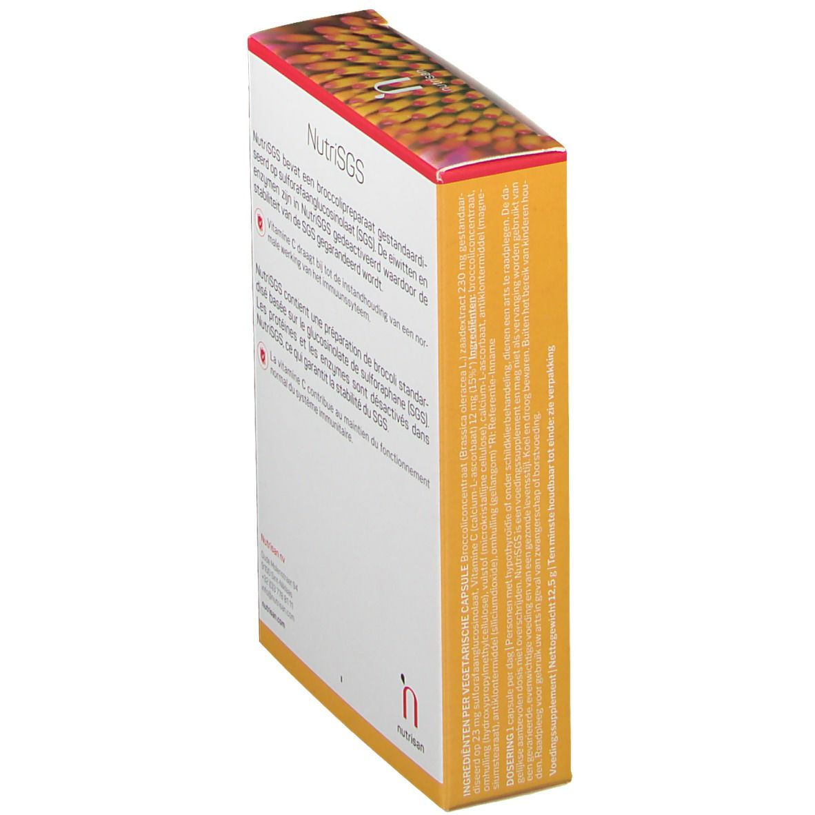 Boîte NutriSGS. Texte en néerlandais. Marque nutrisan. Contient des informations sur le produit et ses ingrédients. Vue de côté.