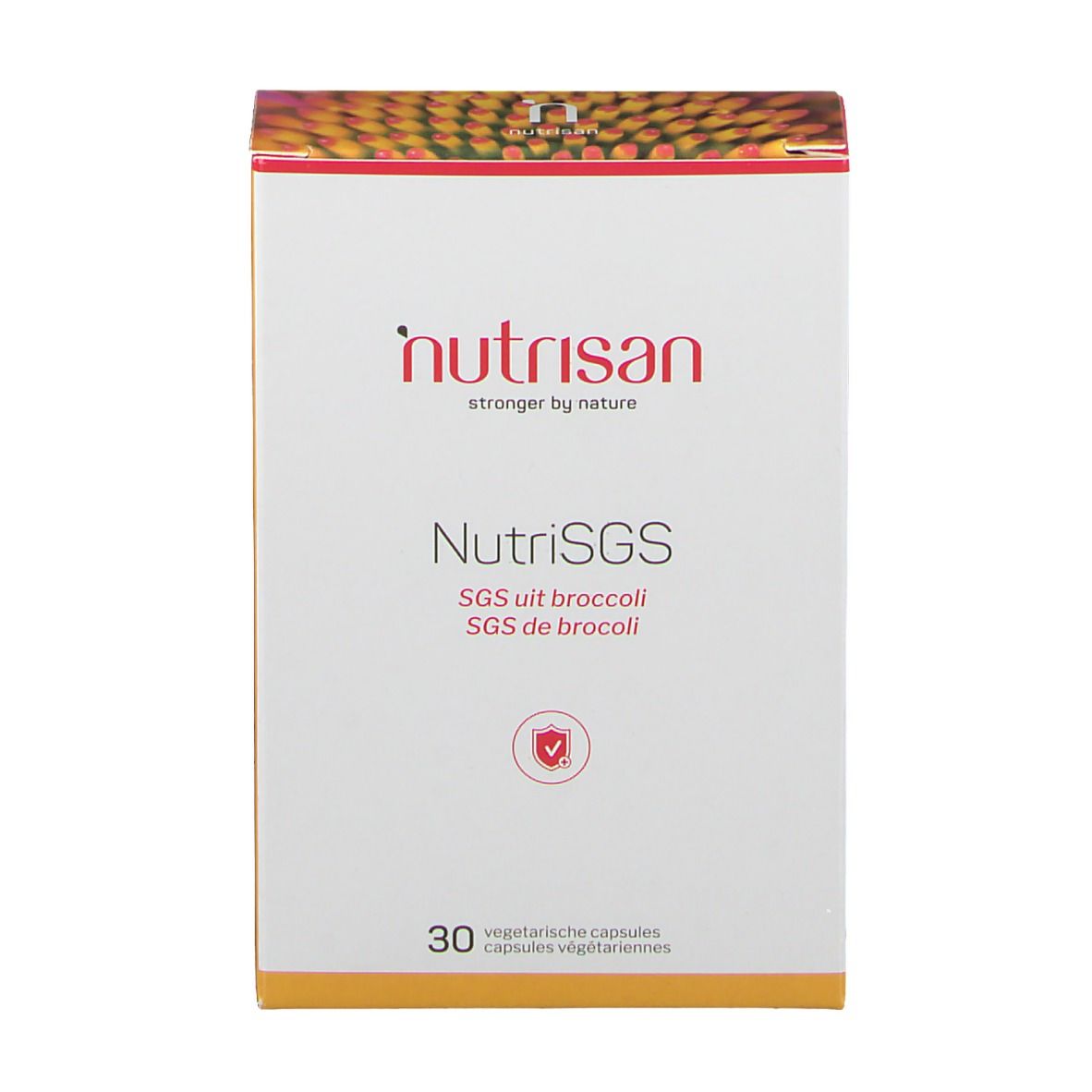 Boîte NutriSGS, SGS uit broccoli, SGS de broccoli. 30 capsules végétariennes. Marque nutrisan. Logo de protection.