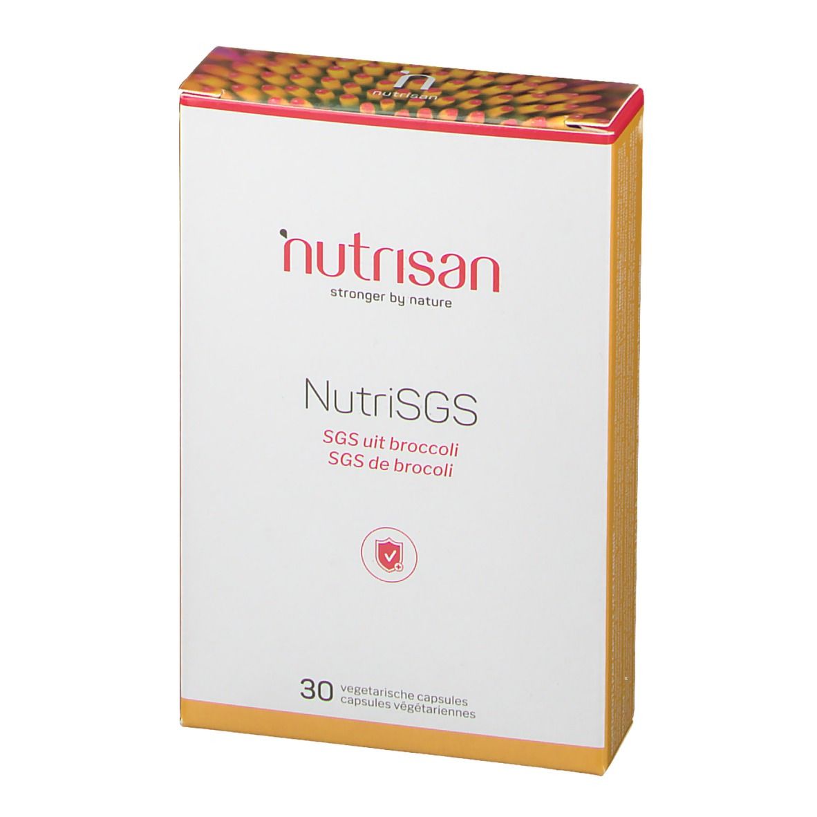 Boîte NutriSGS, SGS uit broccoli, SGS de broccoli. 30 capsules végétariennes. Marque nutrisan. Logo de protection.