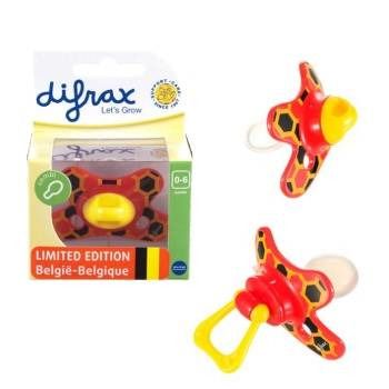 Deux sucettes combinées, rouge et jaune, avec emballage. 0-6 mois. Inscription: Difrax, Édition limitée Belgique. Avec label BPA.