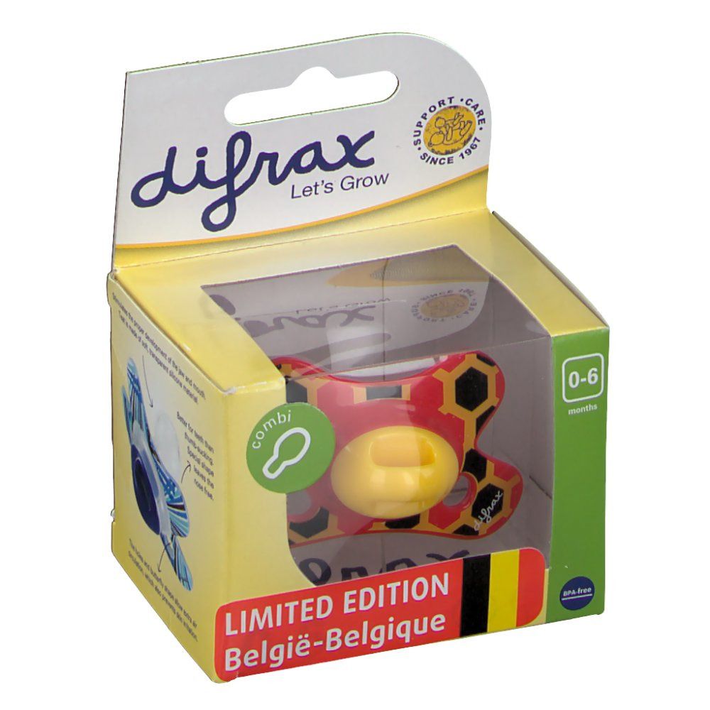 Emballage de sucette combinée. Rouge et jaune, 0-6 mois. Inscription: Difrax, Édition limitée Belgique. Avec label BPA.