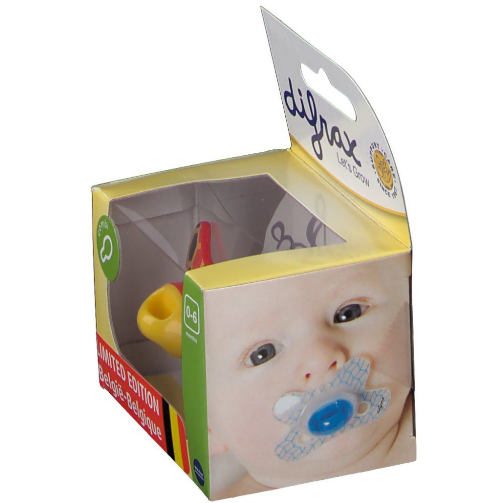 Emballage de sucette combinée. Rouge et jaune, 0-6 mois. Visage de bébé sur l'emballage. Inscription: Difrax, Édition limitée Belgique.