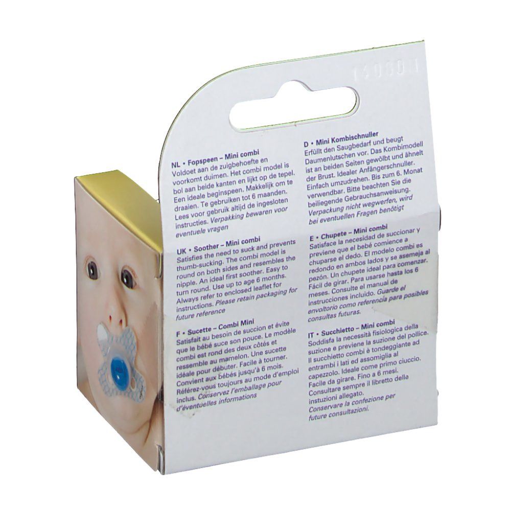 Emballage avec texte multilingue. Sucette combinée, 0-6 mois. Avec label BPA. Visage de bébé sur l'emballage.