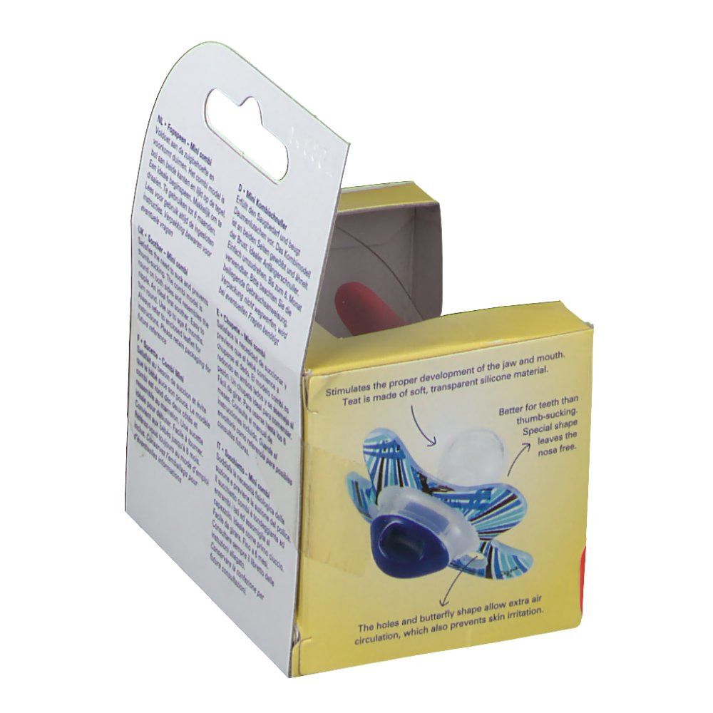 Emballage avec texte et illustrations. Sucette combinée, 0-6 mois. Label BPA. Visage de bébé sur l'emballage.