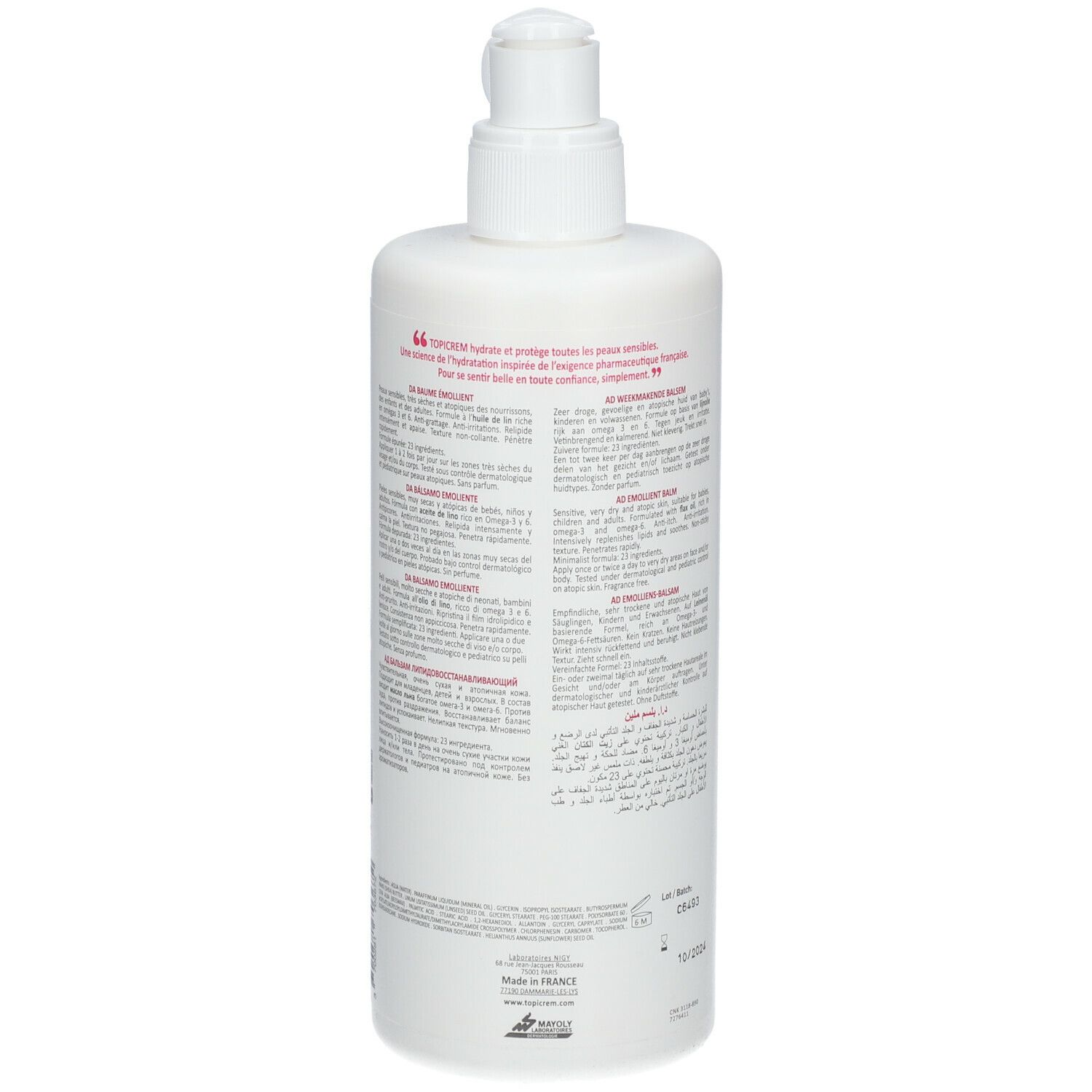 Rückseite einer weißen Flasche mit Pumpe. Text in mehreren Sprachen. Informationen zu Inhaltsstoffen und Anwendung.