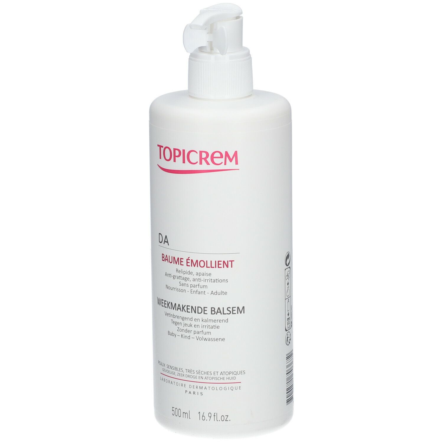 Weiße Flasche mit Pumpe. Aufschrift TOPICREM, DA, BAUME ÉMOLLIENT, WEEKMAKKENDE BALSEM. 500 ml. Für empfindliche Haut.