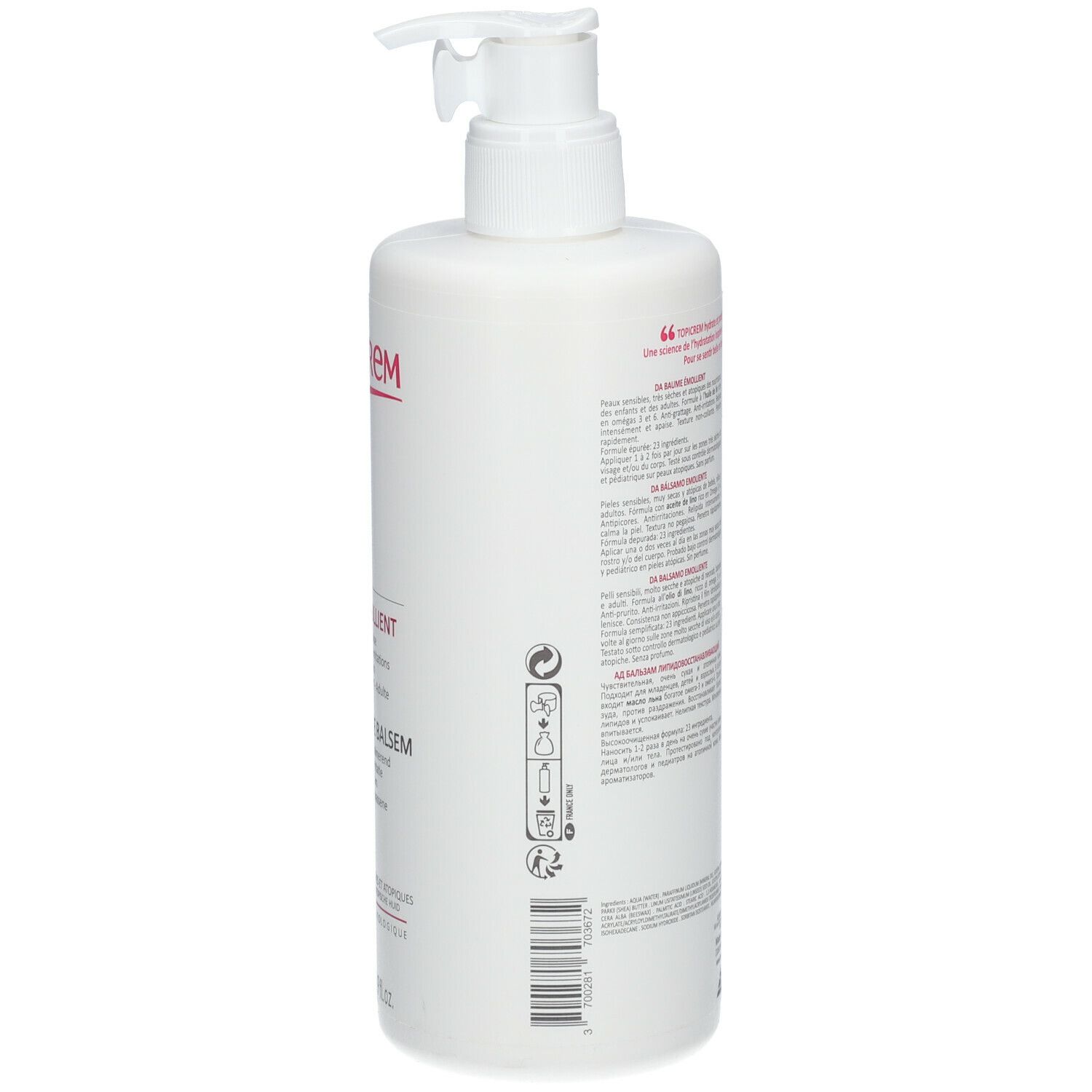 Rückseite einer weißen Flasche mit Pumpe. Text in mehreren Sprachen. Informationen zu Inhaltsstoffen und Anwendung.