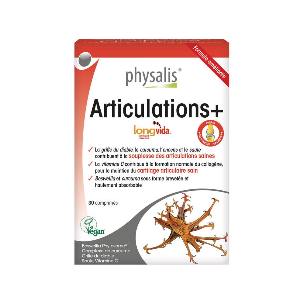 Boîte de Physalis Articulations+ avec 30 comprimés. Boîte rouge et blanche avec nom du produit et ingrédients.