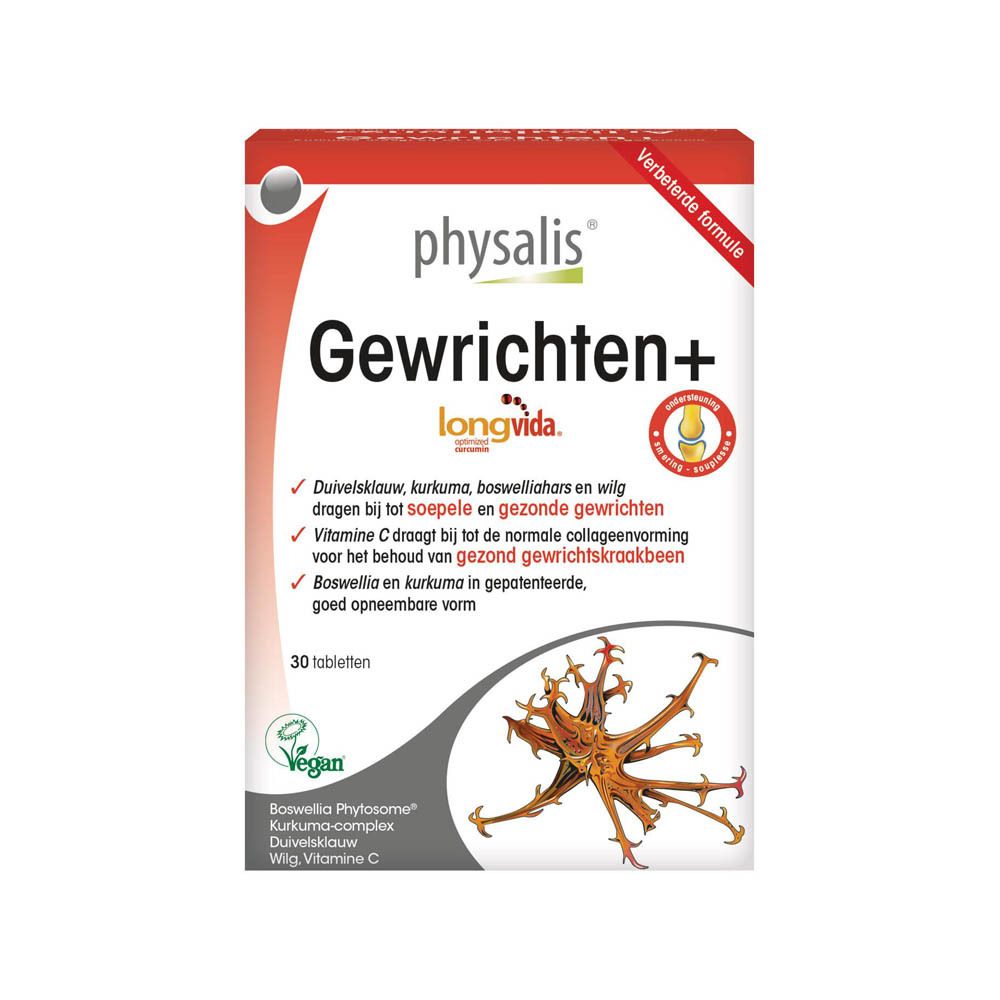 Verpakking van Physalis Gewrichten+ met 30 tabletten. Rode en witte doos met productnaam en ingrediënten.