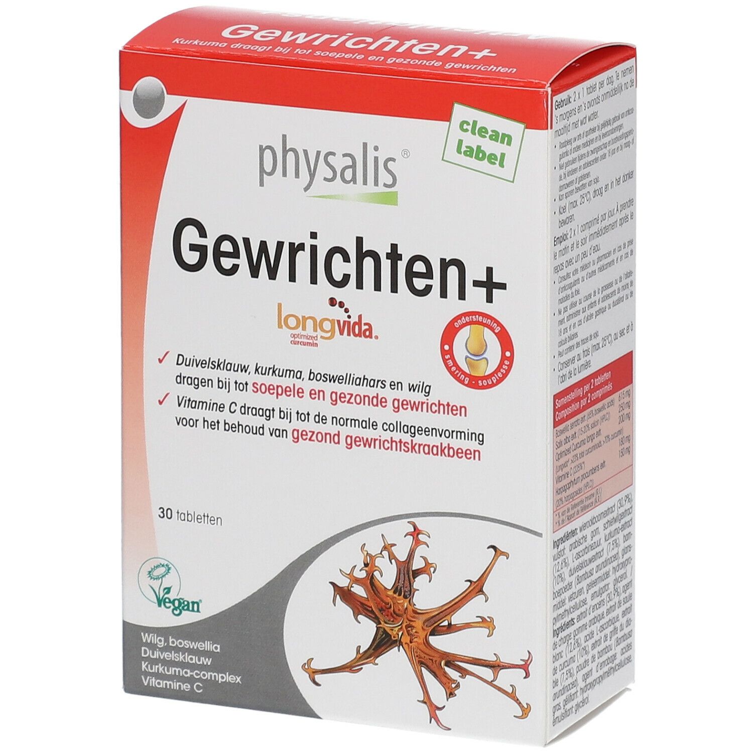 Boîte de Physalis Gewrichten+ avec 30 comprimés. Boîte rouge et blanche avec nom du produit et ingrédients.