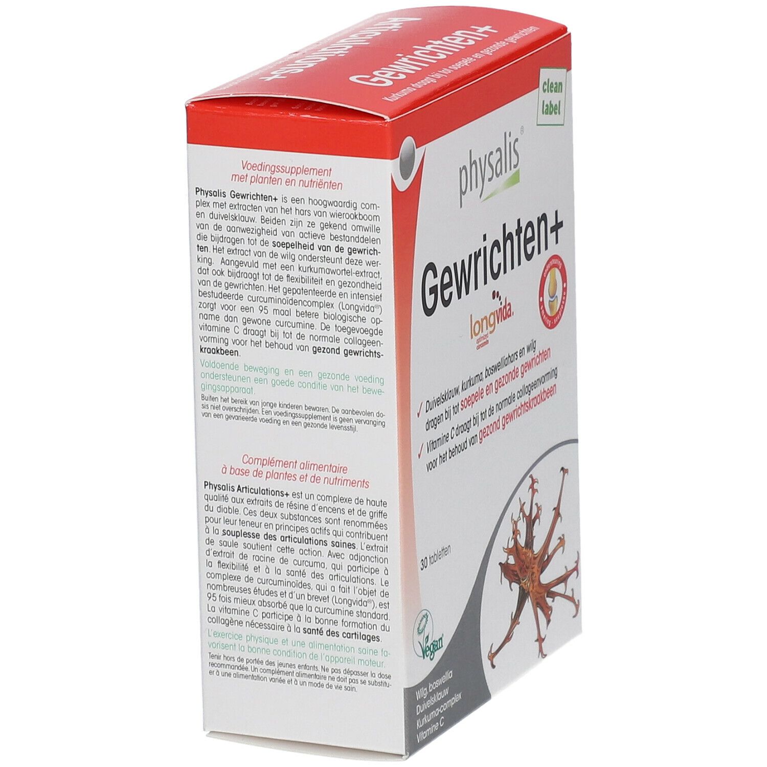 Dos de la boîte de Physalis Gewrichten+. Contient des informations sur les ingrédients et l'utilisation.