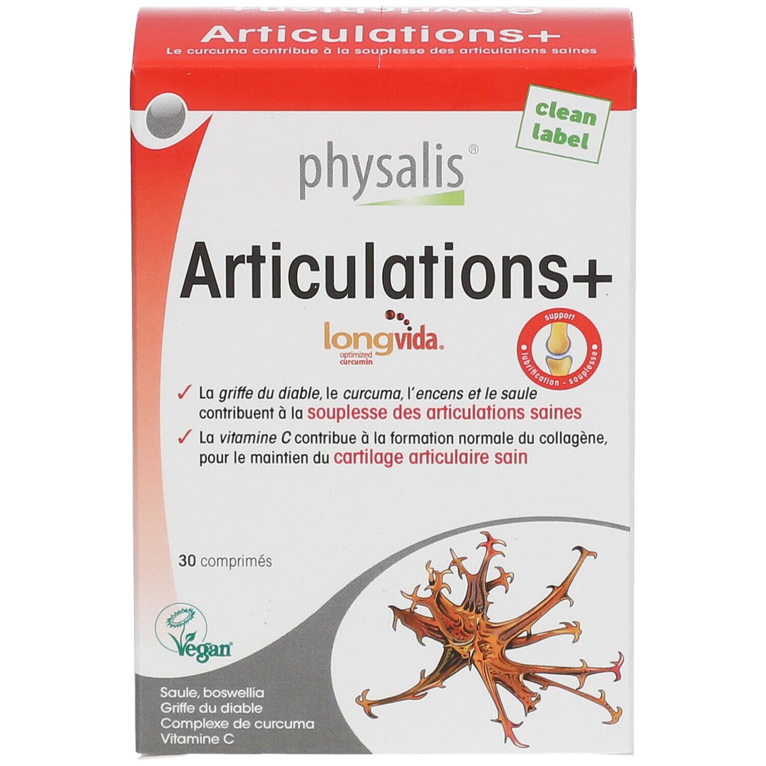 Boîte de Physalis Articulations+ avec 30 comprimés. Boîte rouge et blanche avec nom du produit et ingrédients.