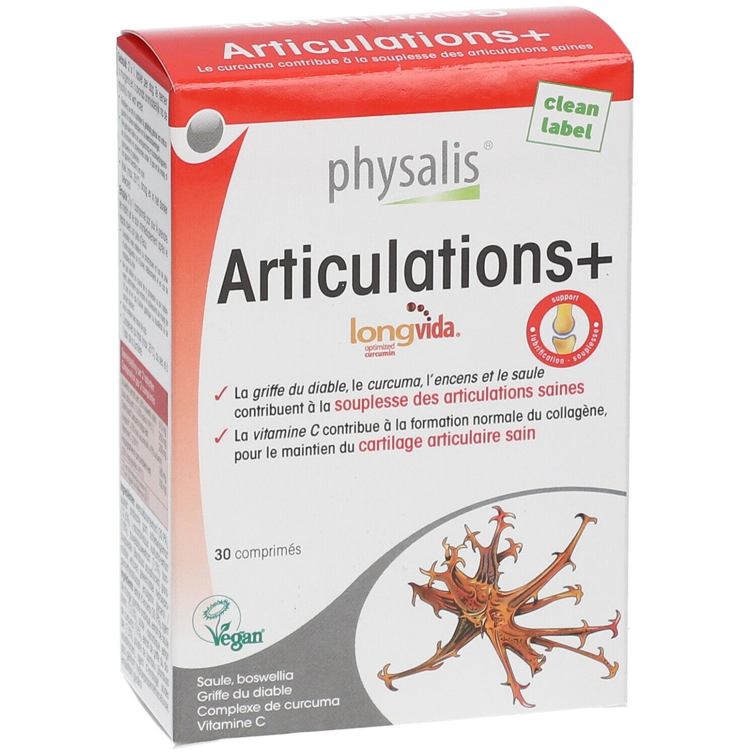 Boîte de Physalis Articulations+ avec 30 comprimés. Boîte rouge et blanche avec nom du produit et ingrédients.