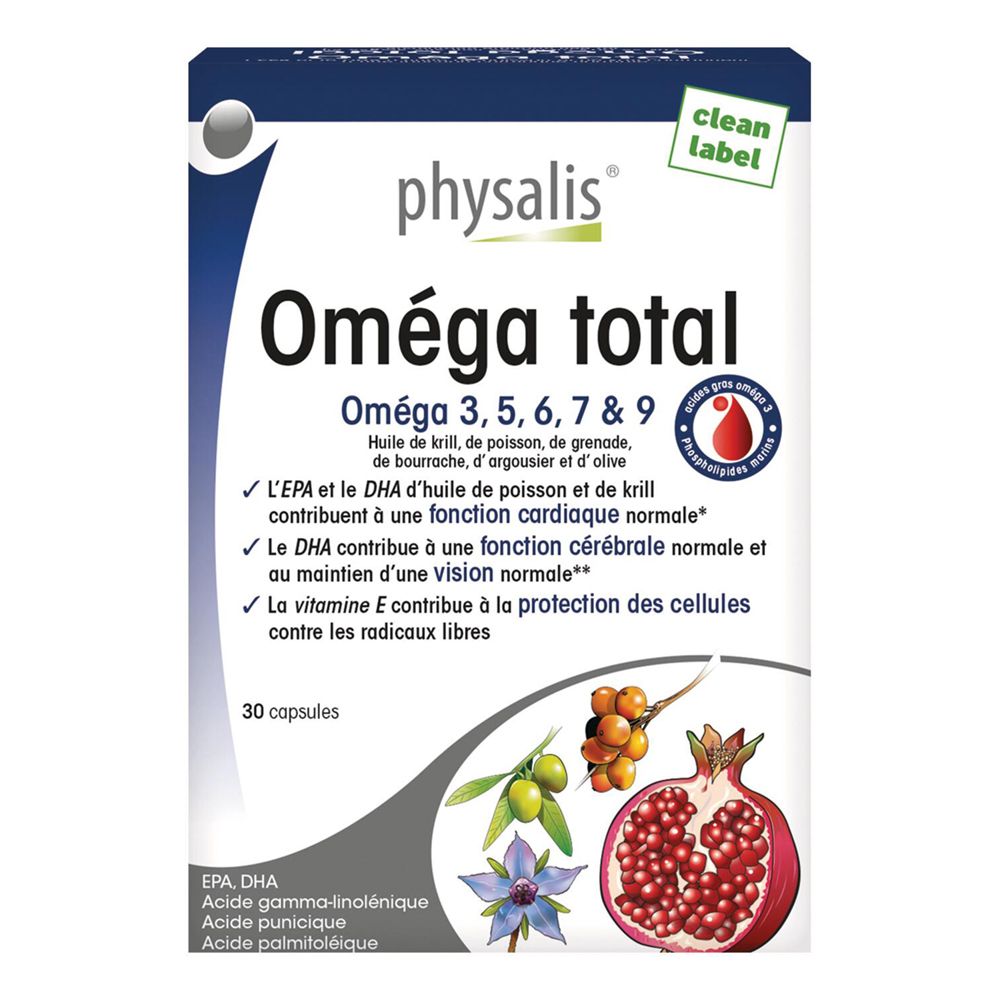 Schachtel mit Physalis Omega total. Enthält 30 Kapseln. Aufschrift: Omega 3, 5, 6, 7 & 9. Mit Abbildungen von Früchten.