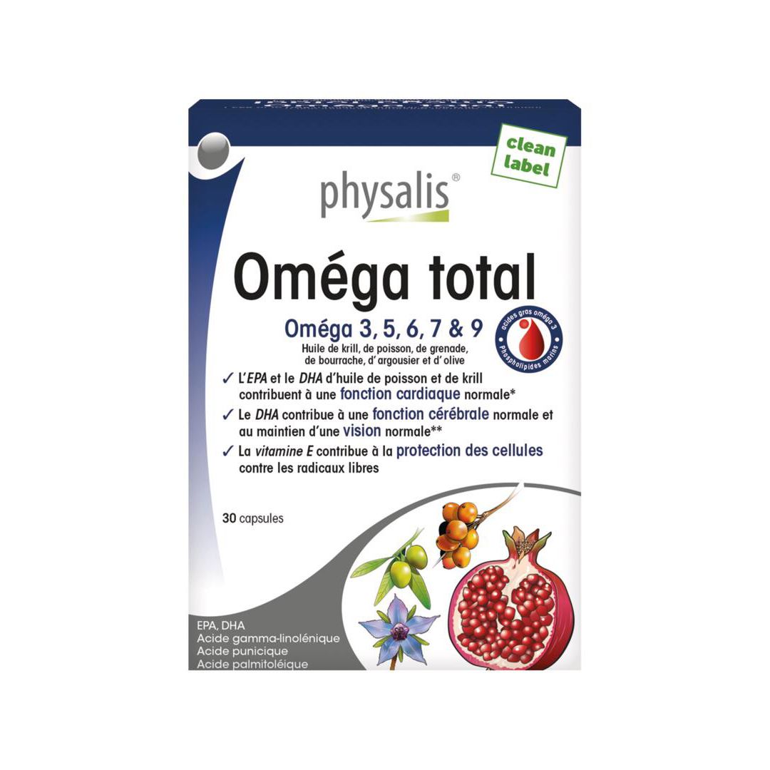 Boîte de Physalis Oméga total. Contient 30 capsules. Inscription : Oméga 3, 5, 6, 7 & 9. Avec illustrations de fruits.