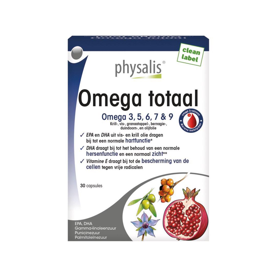 Doos van Physalis Omega totaal. Bevat 30 capsules. Opschrift: Omega 3, 5, 6, 7 & 9. Met afbeeldingen van fruit.