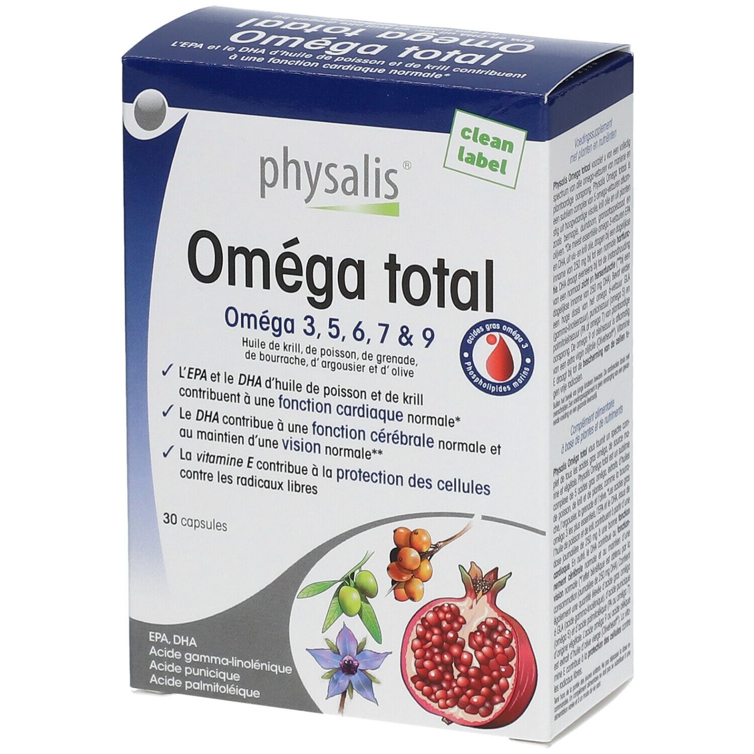 Doos van Physalis Omega totaal. Bevat 30 capsules. Opschrift: Omega 3, 5, 6, 7 & 9. Met afbeeldingen van fruit.