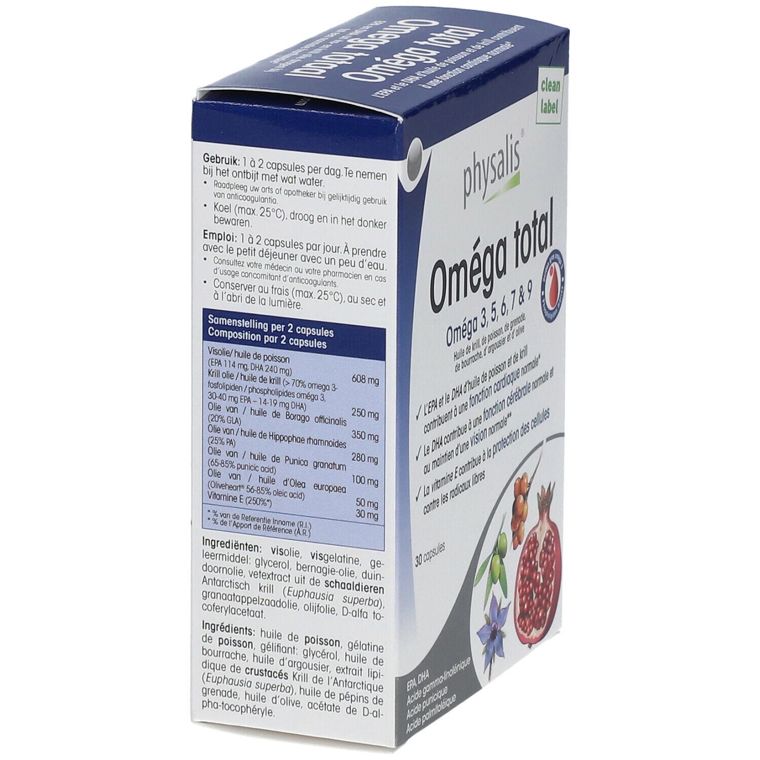 Doos van Physalis Omega totaal. Bevat 30 capsules. Achterkant met informatie over ingrediënten en dosering.