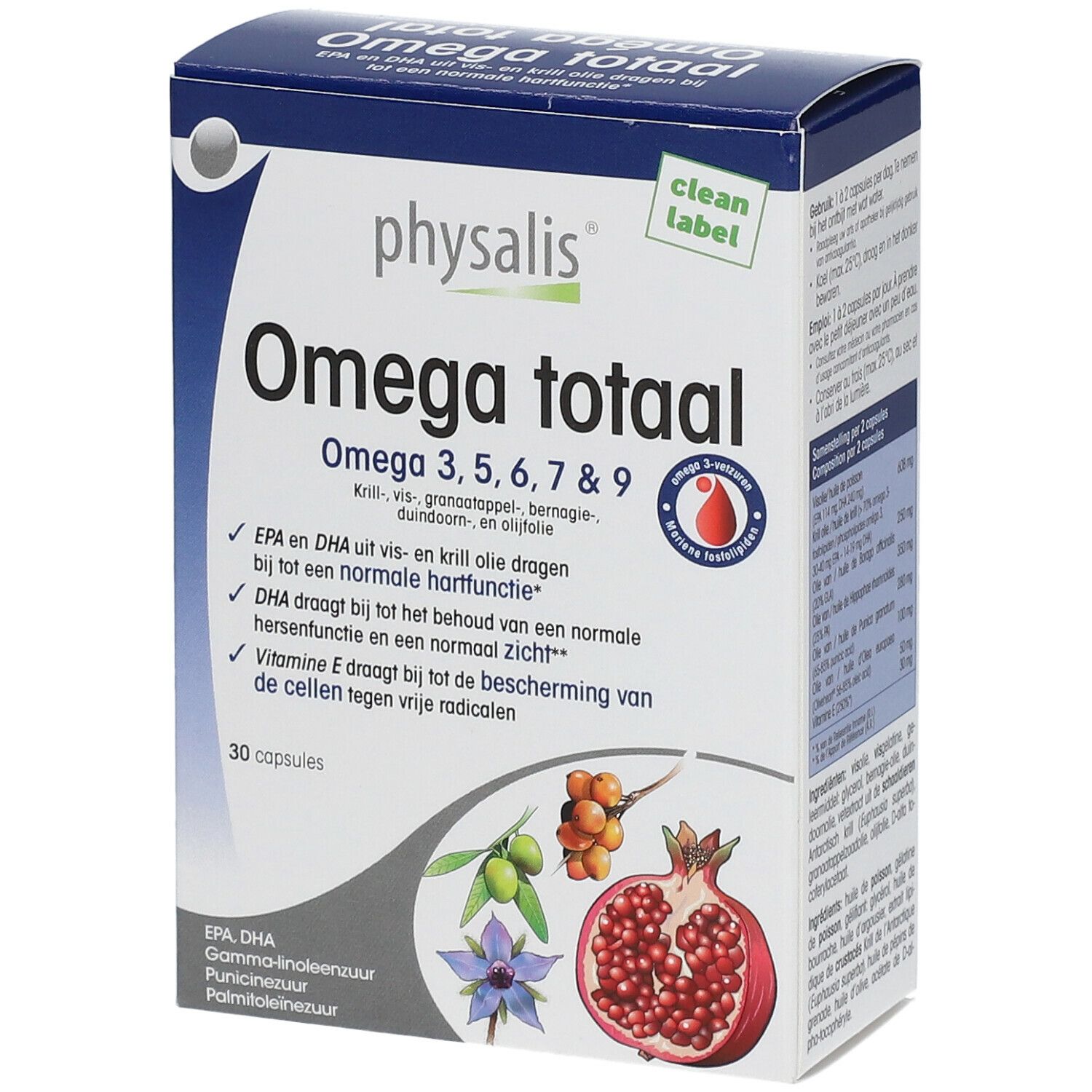 Doos van Physalis Omega totaal. Bevat 30 capsules. Opschrift: Omega 3, 5, 6, 7 & 9. Met afbeeldingen van fruit.