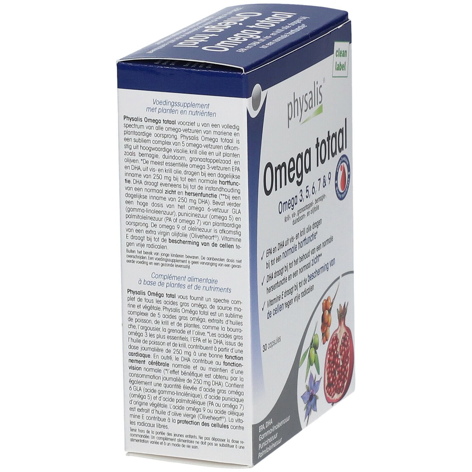 Doos van Physalis Omega totaal. Bevat 30 capsules. Tekst over de ingrediënten en de werking van het product.