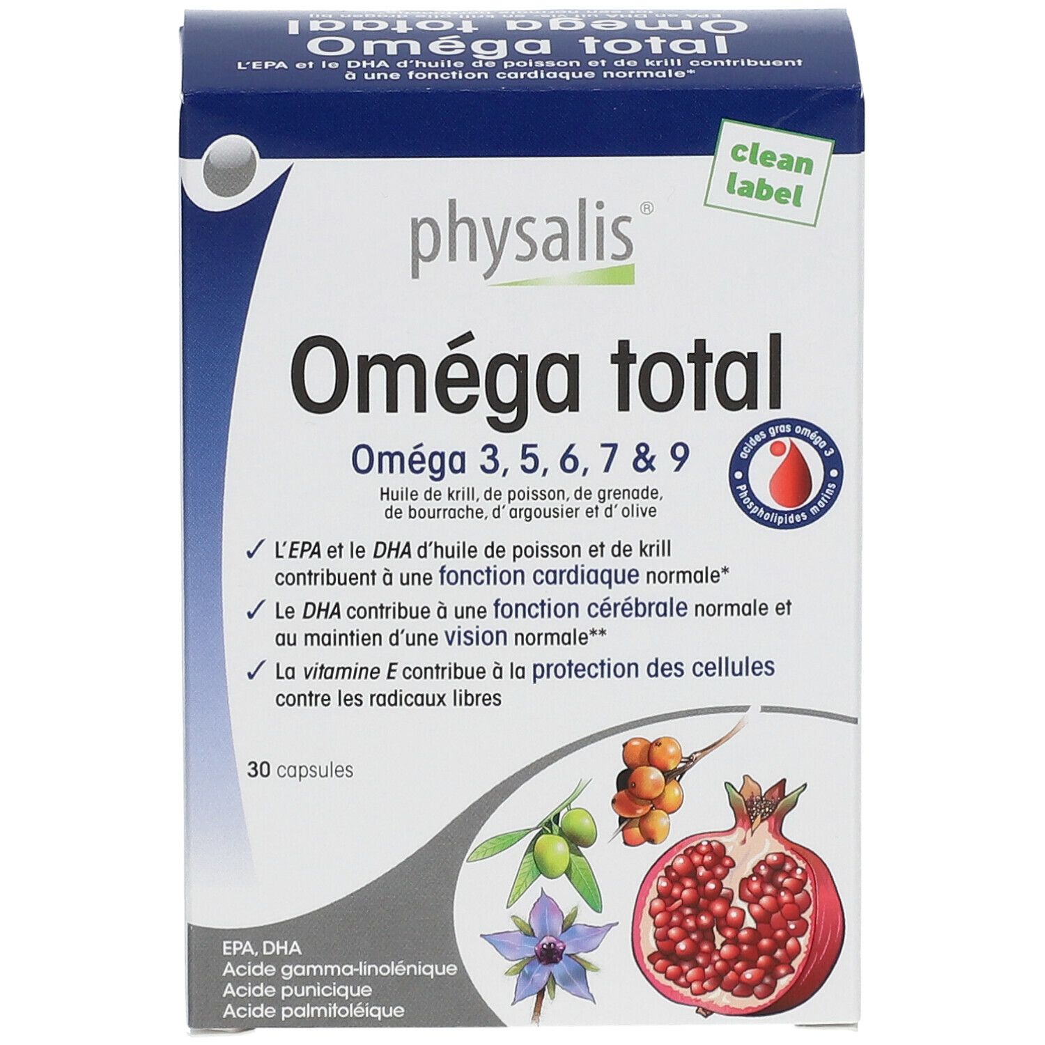 Doos van Physalis Omega totaal. Bevat 30 capsules. Opschrift: Omega 3, 5, 6, 7 & 9. Met afbeeldingen van fruit.