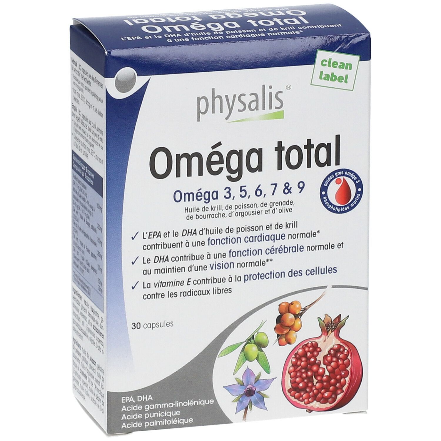 Doos van Physalis Omega totaal. Bevat 30 capsules. Opschrift: Omega 3, 5, 6, 7 & 9. Met afbeeldingen van fruit.
