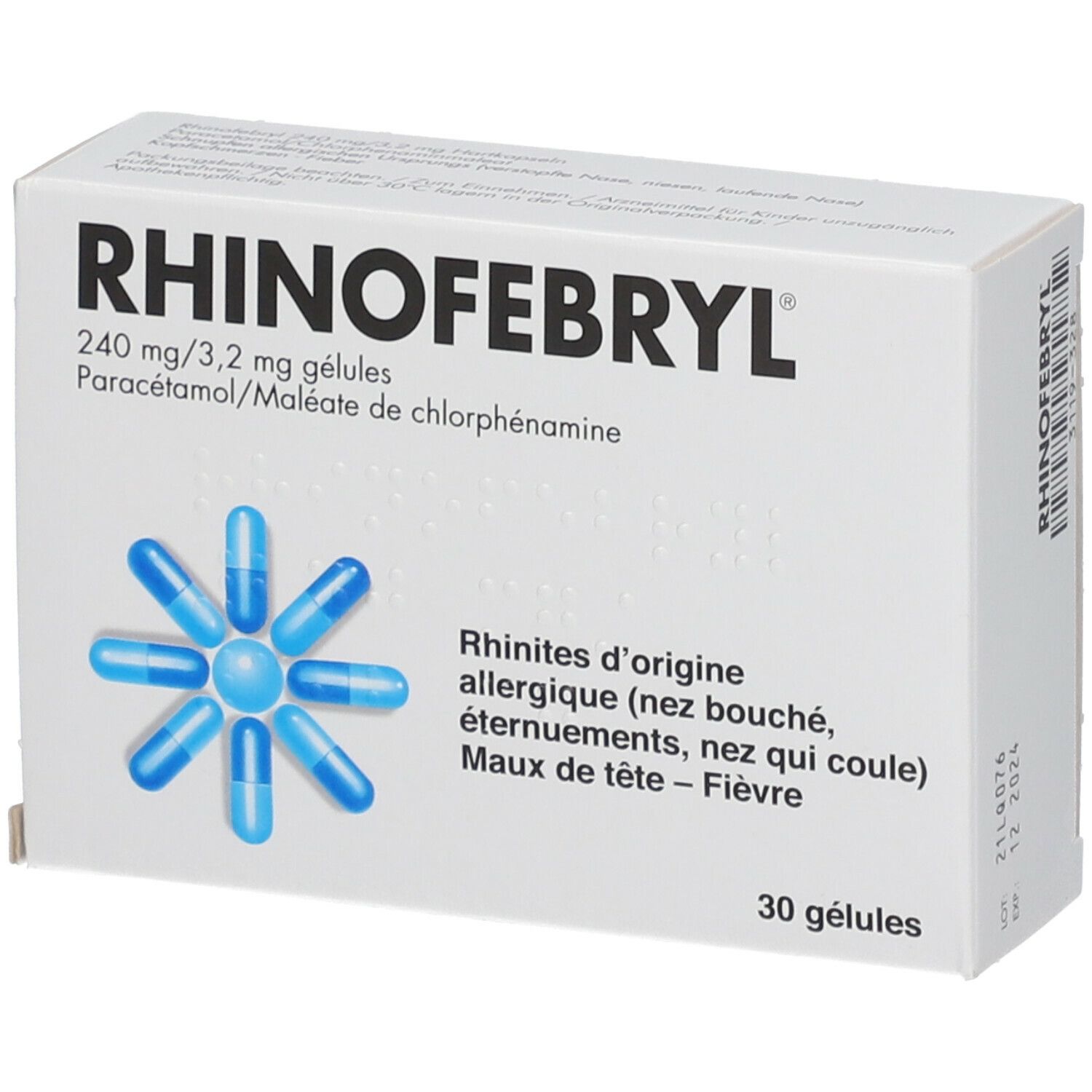 Witte doos met blauwe capsules. Opschrift RHINOFEBryl, 240 mg/3,2 mg, 30 capsules. Indicaties: verkoudheid, niezen, hoofdpijn, koorts.