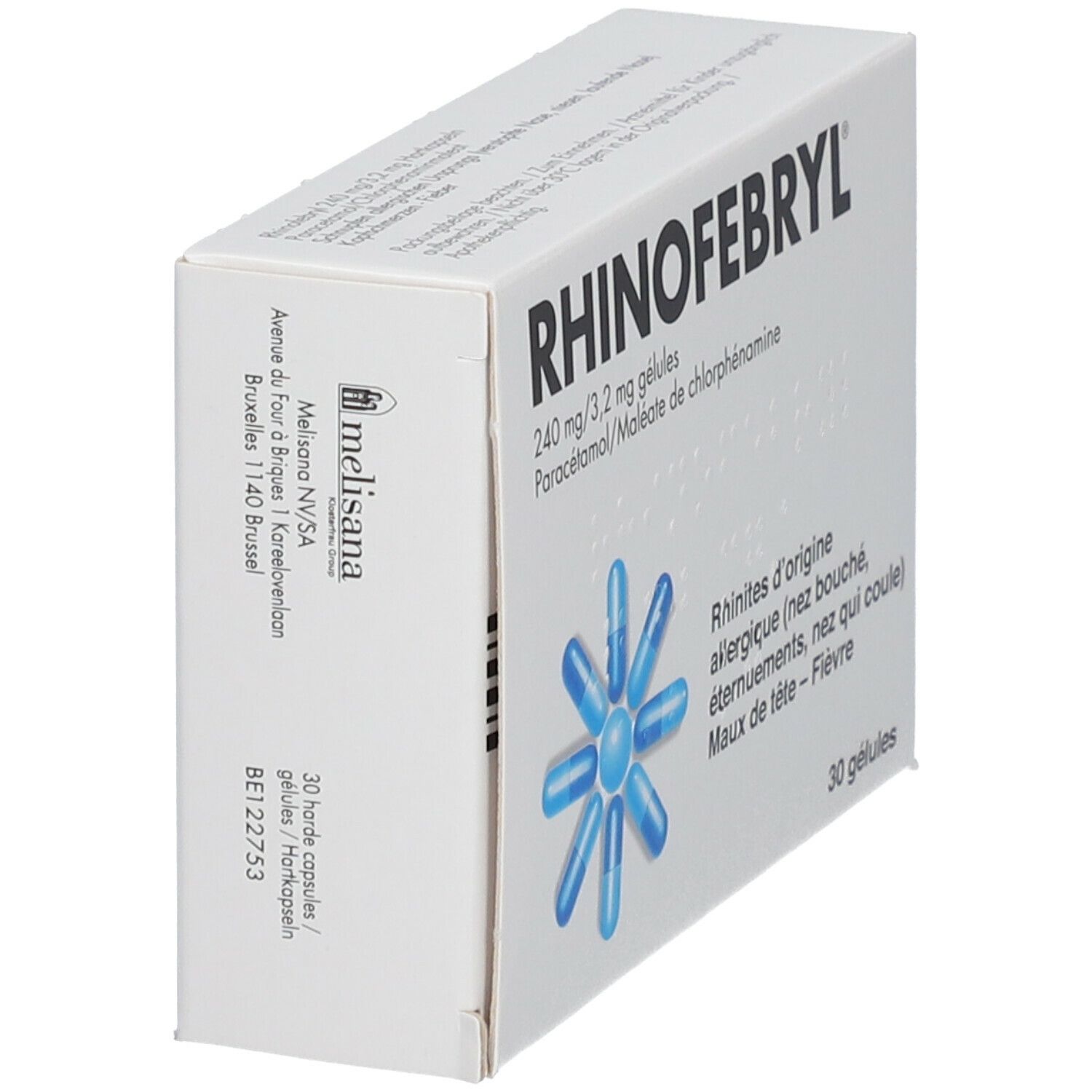 Witte doos, zijaanzicht. Opschrift RHINOFEBryl, 240 mg/3,2 mg, 30 capsules. Adres fabrikant. Logo met blauwe capsules.