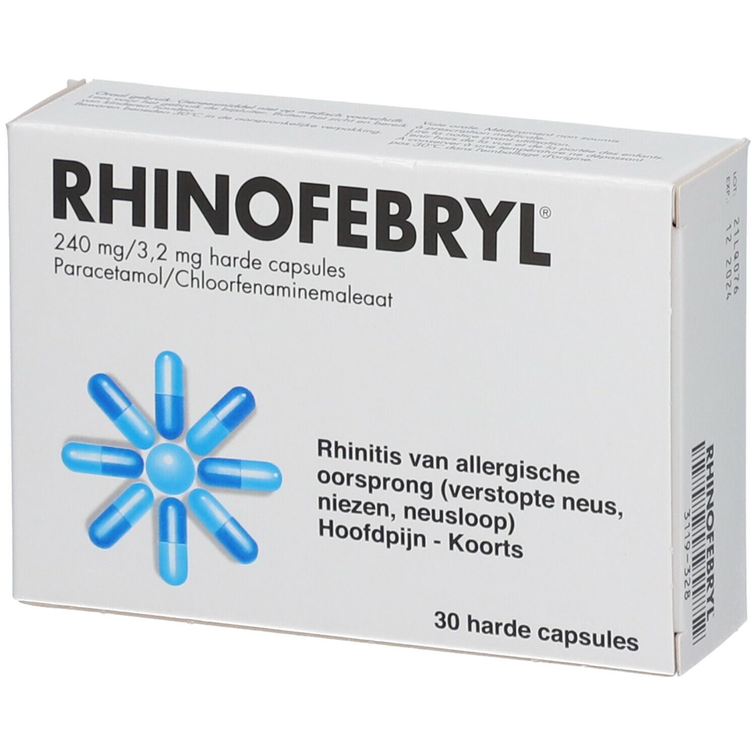 Witte doos met blauwe capsules. Opschrift RHINOFEBryl, 240 mg/3,2 mg, 30 capsules. Indicaties: allergische rhinitis, niezen, verstopte neus, hoofdpijn, koorts.