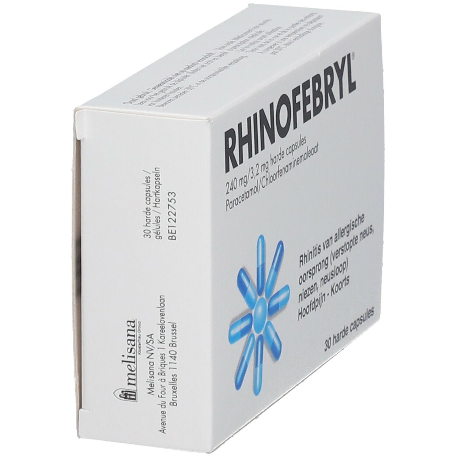 Witte doos, zijaanzicht. Opschrift RHINOFEBryl, 240 mg/3,2 mg, 30 capsules. Adres fabrikant. Logo met blauwe capsules.