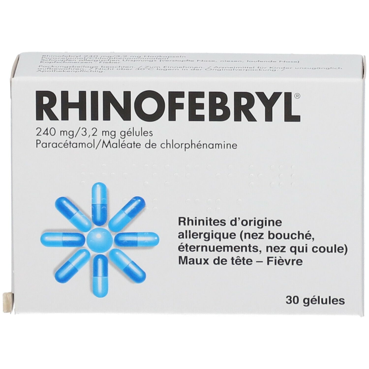 Witte doos met blauwe capsules. Opschrift RHINOFEBryl, 240 mg/3,2 mg, 30 capsules. Indicaties: verkoudheid, niezen, hoofdpijn, koorts.