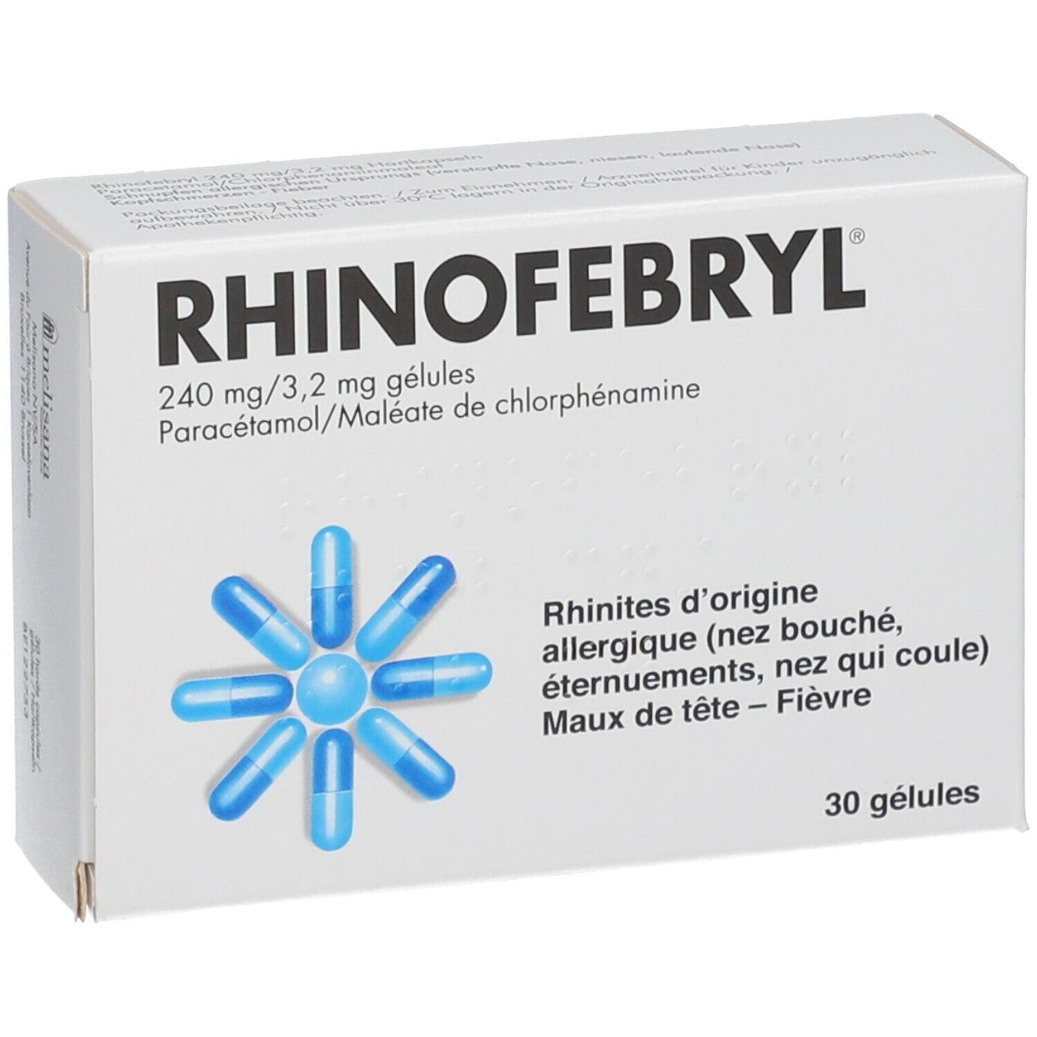 Witte doos met blauwe capsules. Opschrift RHINOFEBryl, 240 mg/3,2 mg, 30 capsules. Indicaties: verkoudheid, niezen, hoofdpijn, koorts.