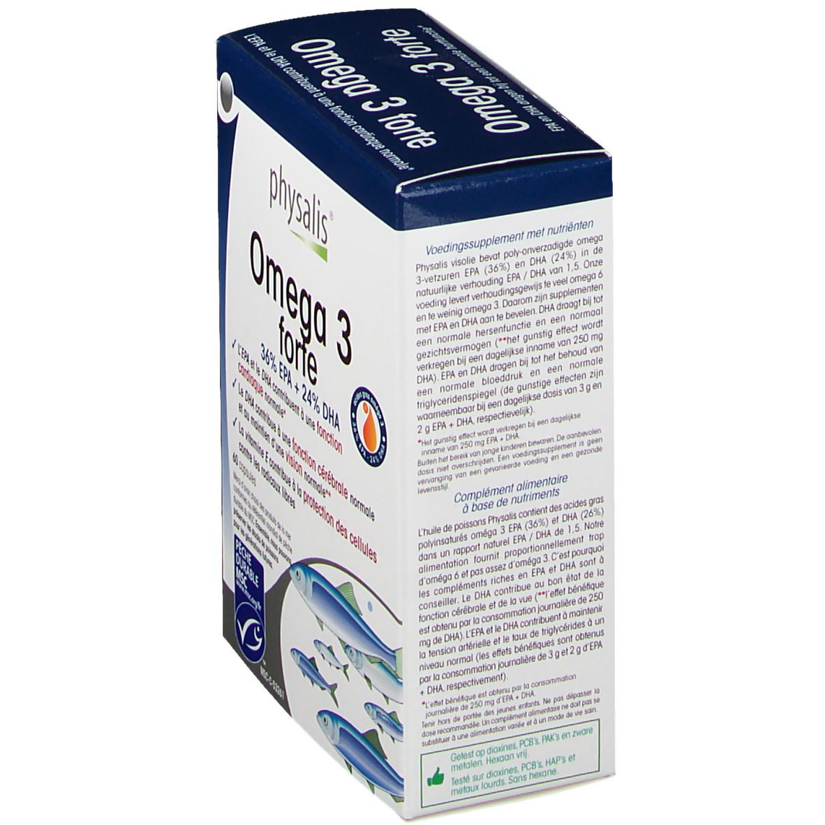 Vue en biais de l'emballage Physalis Omega 3 forte. Boîte bleue et blanche avec informations sur le produit et illustration de poissons.