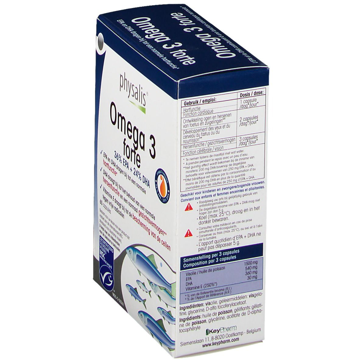 Boîte de Physalis Omega 3 forte. Emballage bleu et blanc avec informations sur le produit et illustration de poissons. Contient 60 capsules.