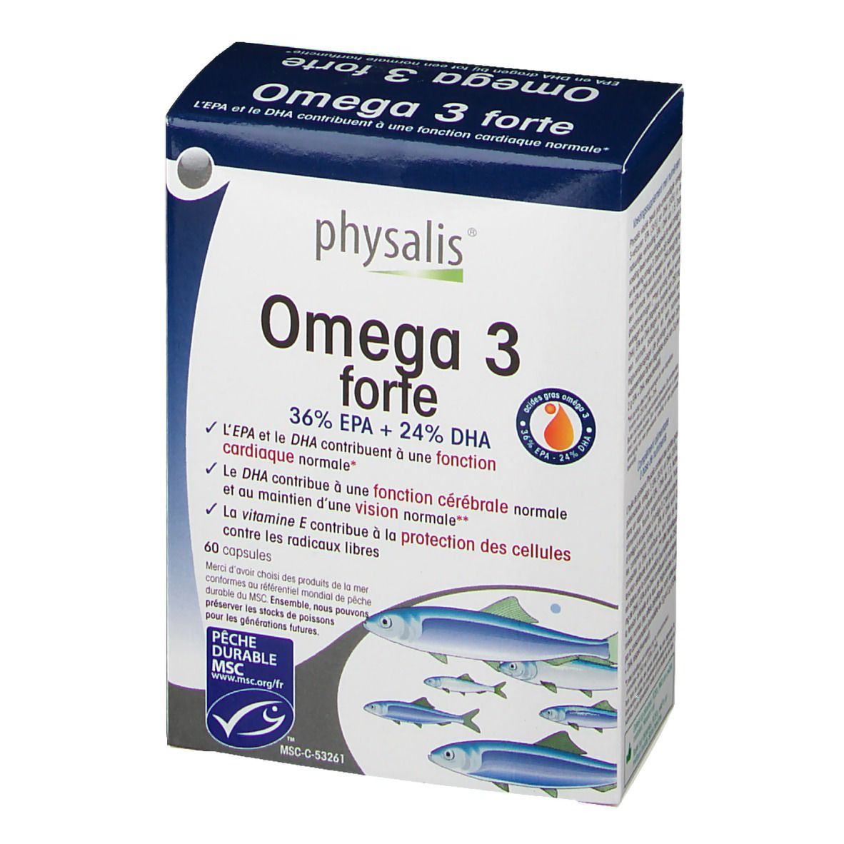 Boîte de Physalis Omega 3 forte. Emballage bleu et blanc avec nom du produit et illustration de poissons. Contient 60 capsules.