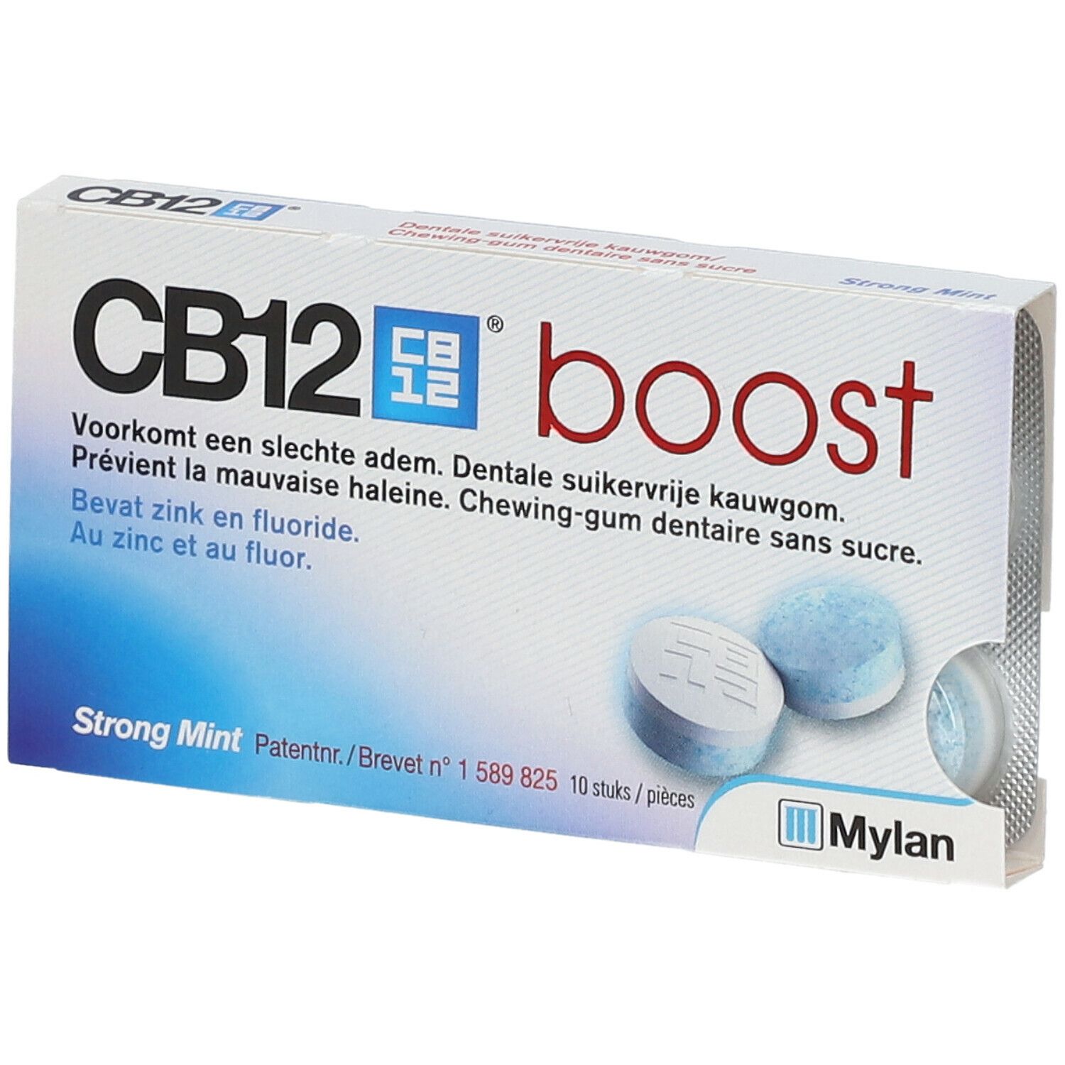 Witte doos CB12 boost Strong Mint. Twee blauwe kauwgums zichtbaar. Meertalige tekst.