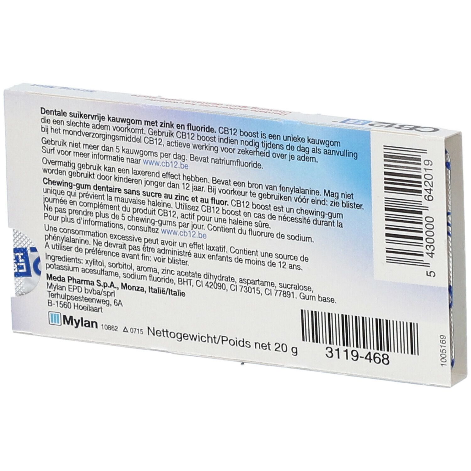 Achterkant van de CB12 boost doos. Meertalige tekst. Ingrediënten en fabrikantinfo zichtbaar.