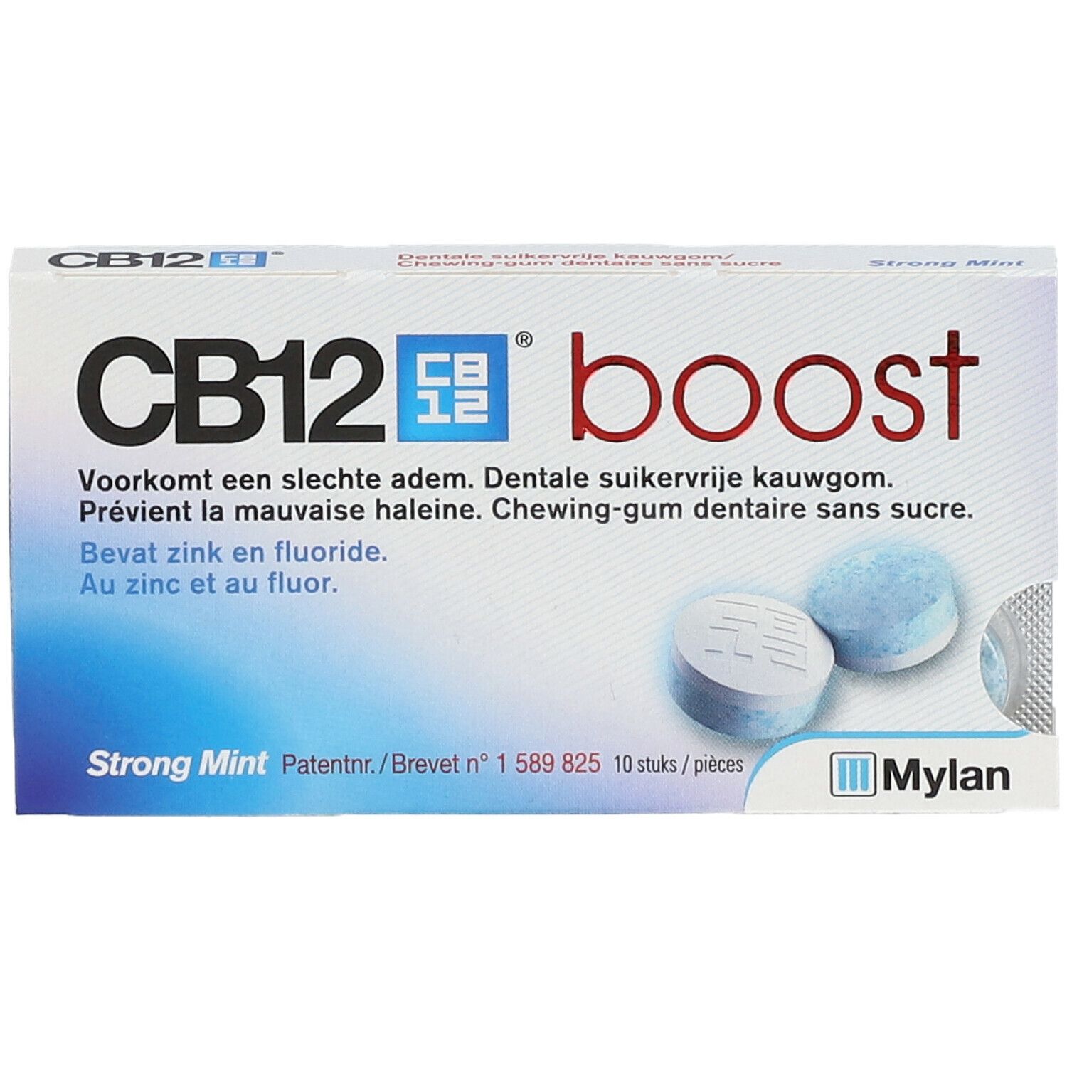 Witte doos CB12 boost Strong Mint. Twee blauwe kauwgums zichtbaar. Meertalige tekst.