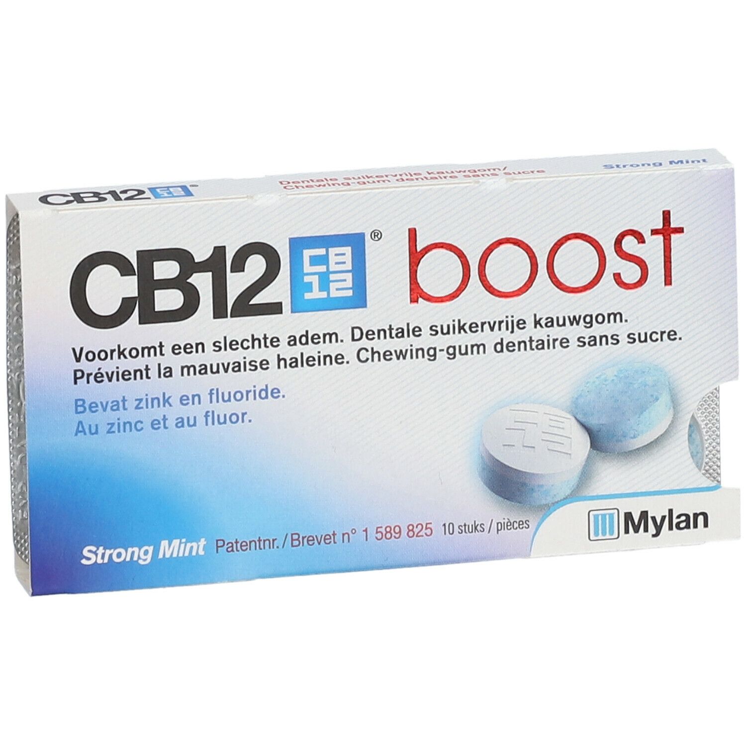 Witte doos CB12 boost Strong Mint. Twee blauwe kauwgums zichtbaar. Meertalige tekst.