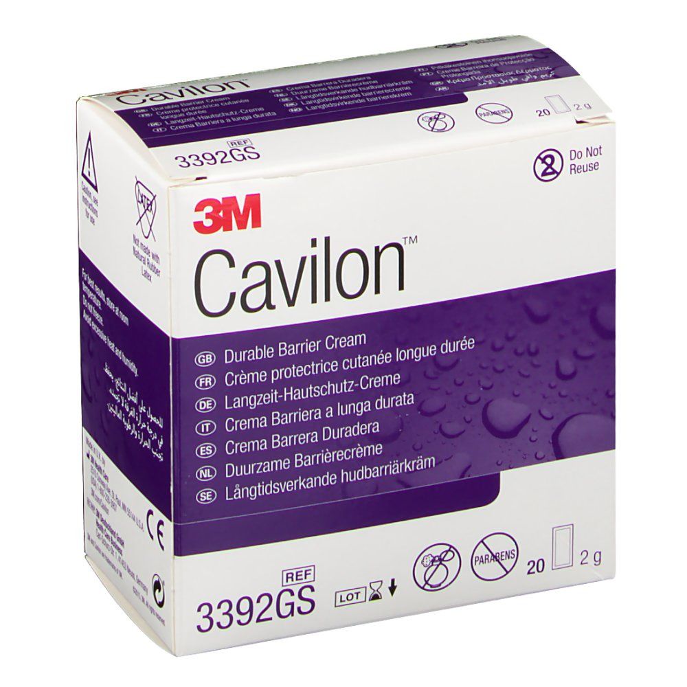 Boîte de 3M Cavilon™ Crème protectrice cutanée longue durée. Boîte blanche avec accents violets. Contient 20 sachets de 2g.
