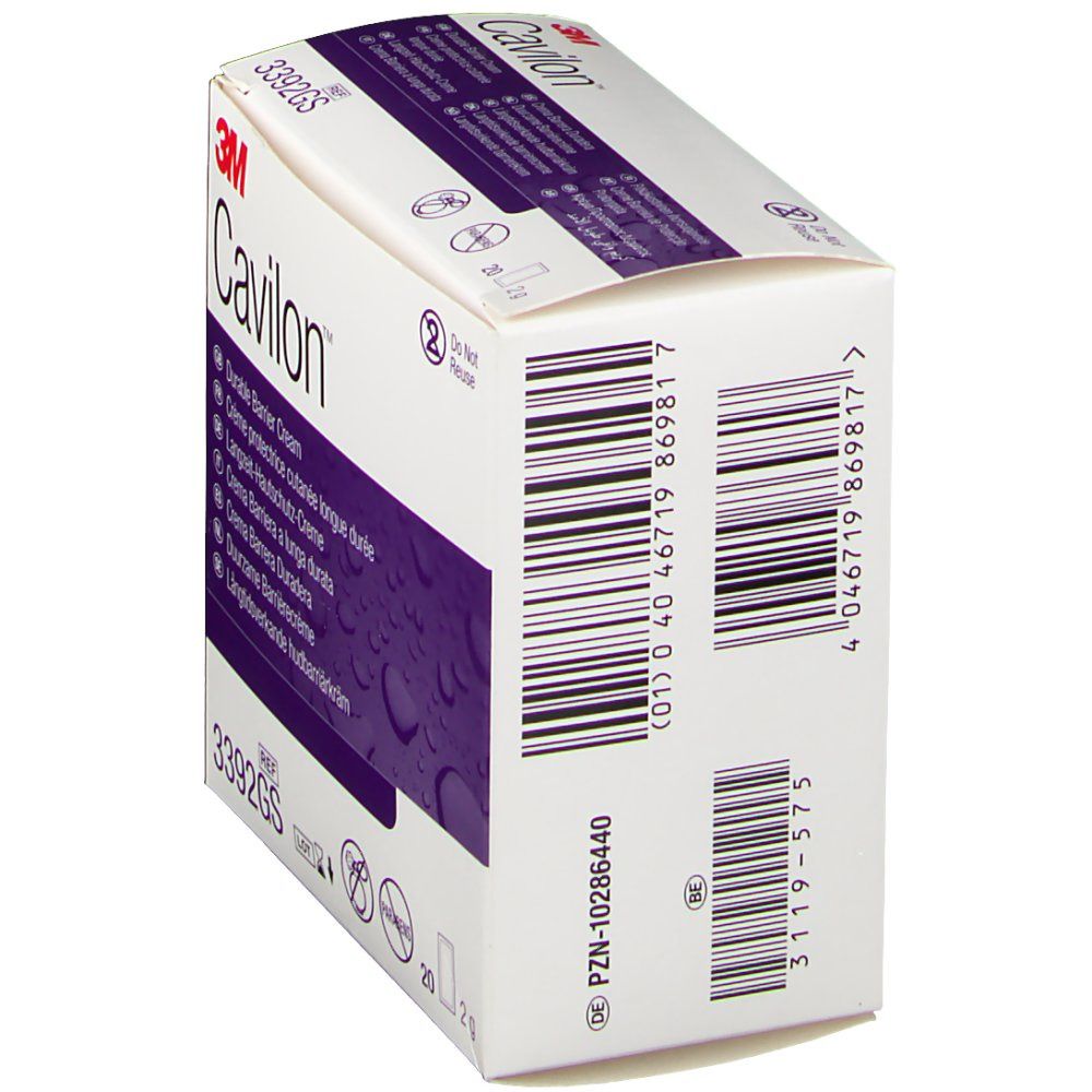 Boîte de 3M Cavilon™ Crème protectrice cutanée longue durée. Boîte blanche avec accents violets. Code-barres et informations.