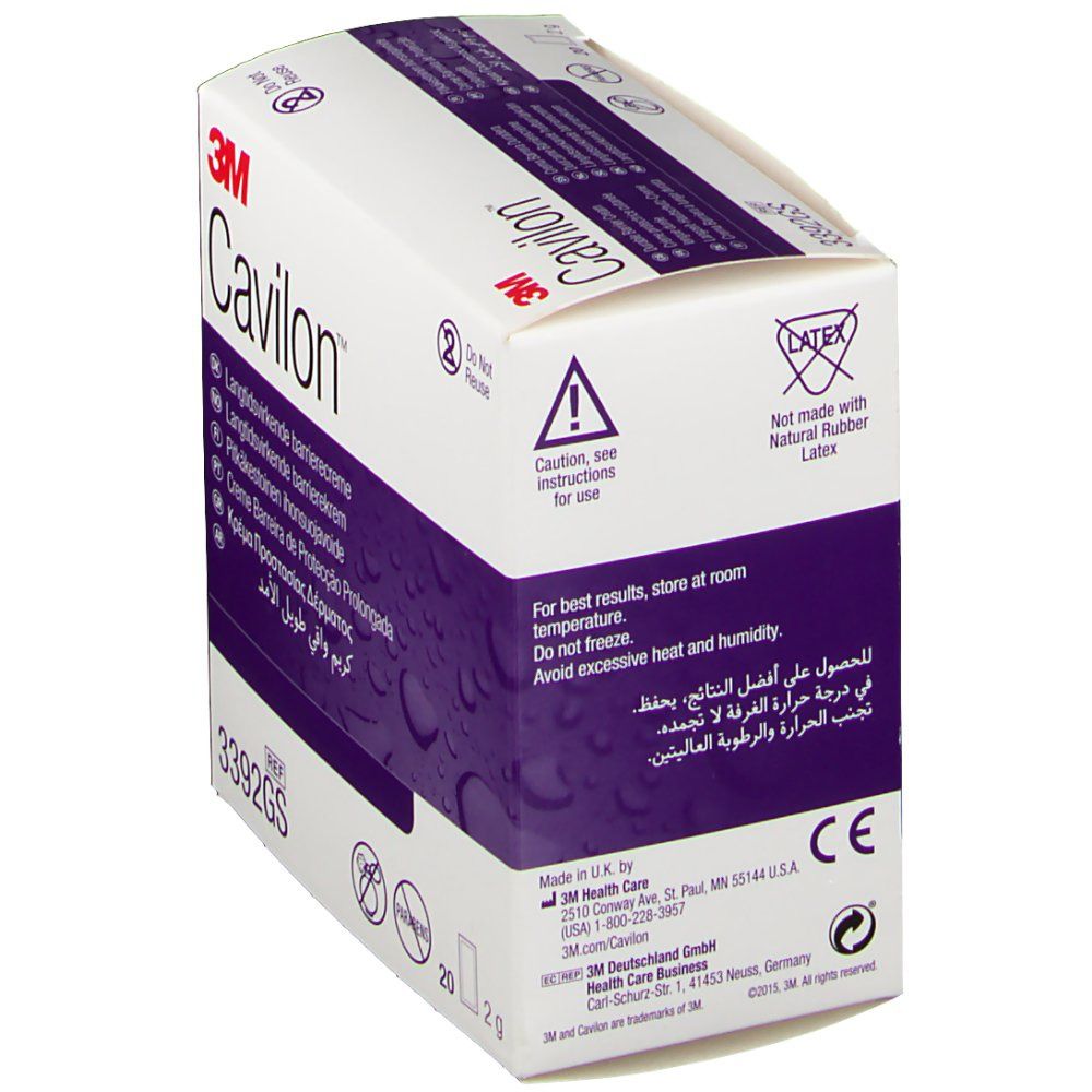 Boîte de 3M Cavilon™ Crème protectrice cutanée longue durée. Boîte blanche avec accents violets. Avertissements et informations fabricant.
