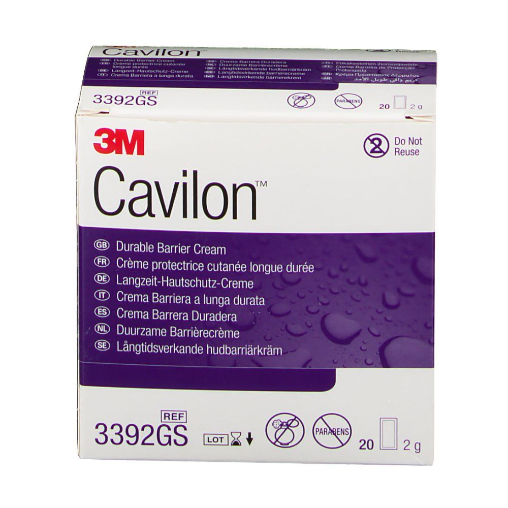 Boîte de 3M Cavilon™ Crème protectrice cutanée longue durée. Boîte blanche avec accents violets. Contient 20 sachets de 2g.