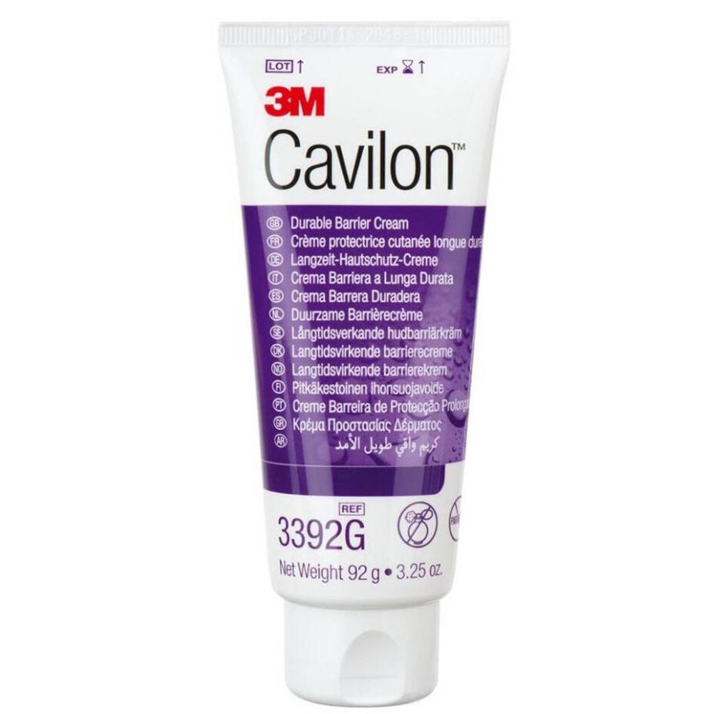 Cavilon Barriere Creme Tube. 3M Logo. Produktname und mehrsprachige Beschriftung. Ref. 3392G. 92g.