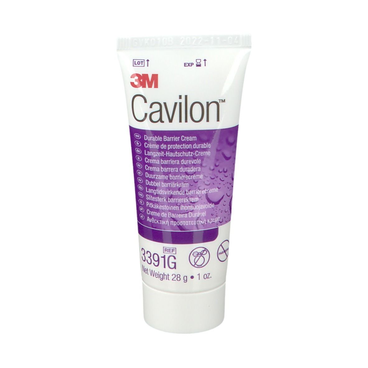 Tube mit Cavilon Barriere Creme. Weiß, lila Akzente. Text: Durable Barrier Cream. 28g. 3M Logo. REF 3391G.