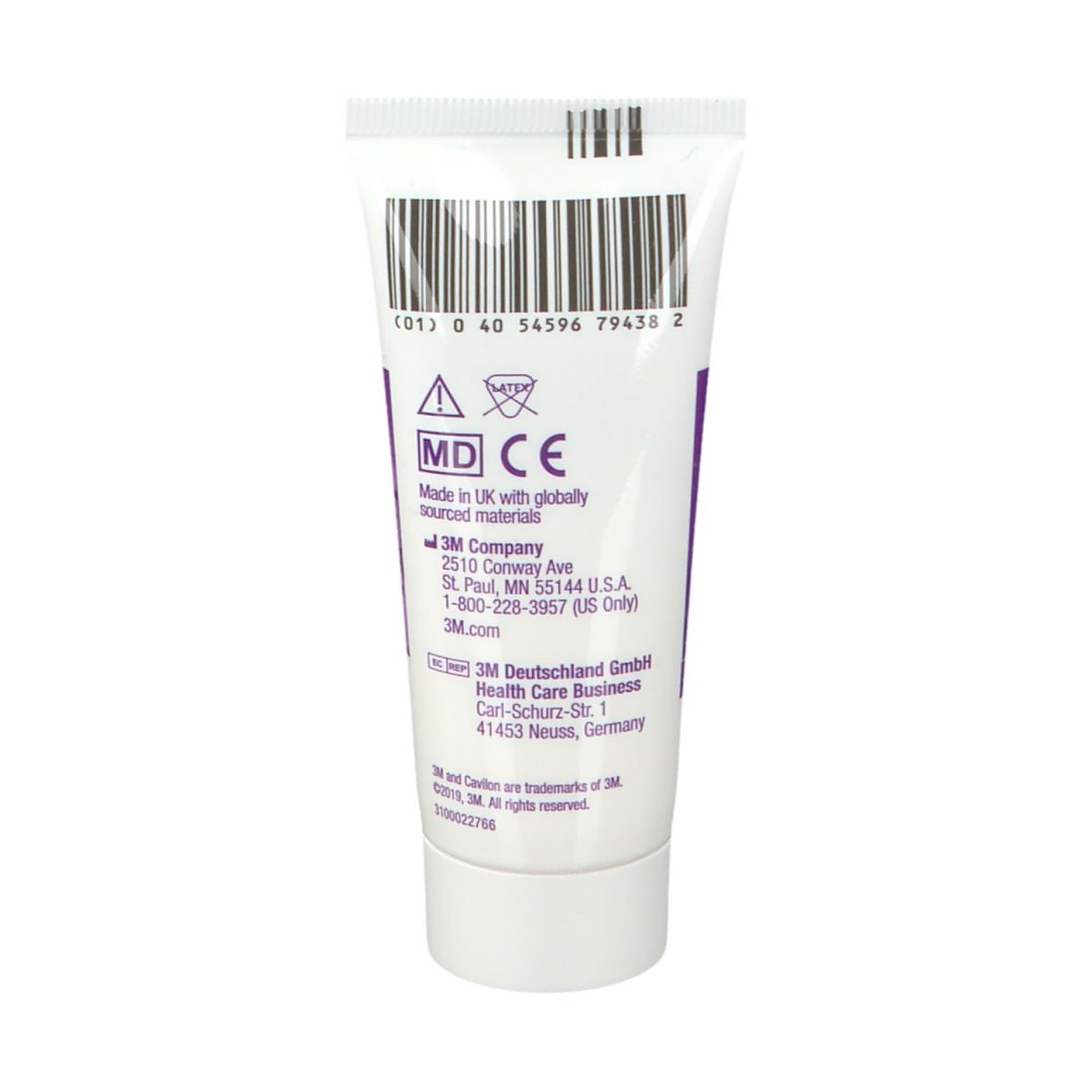 Rückseite der Cavilon Barriere Creme Tube. Barcode, MD-Kennzeichnung, 3M-Logo. Text: Made in UK. 28g.