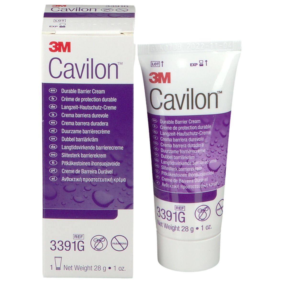 Cavilon Barriere Creme Tube und Verpackung. Weiß, lila. Text: Durable Barrier Cream. 28g. 3M Logo. REF 3391G.